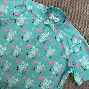 Retro Rifle Lobster Mens 4XL Teal Tropical Palm‎ Tree Stretch Button Up Shirt